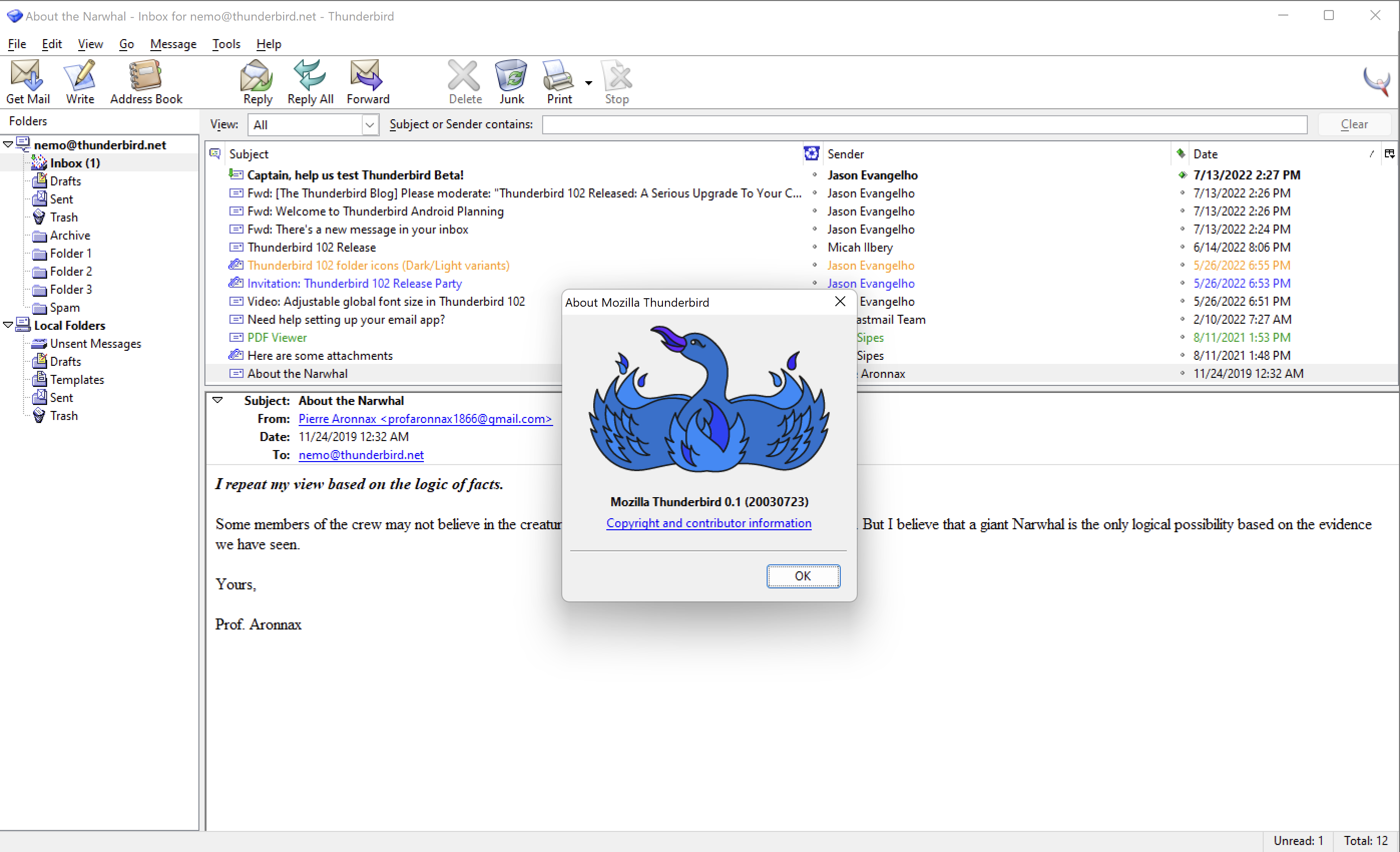 A screenshot of Thunderbird 0.1 from 2003, running on modern hardware and Windows 11. 