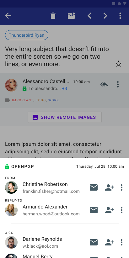 Redesigned message view for Android version of Thunderbird (bottom sheet with more message details)
