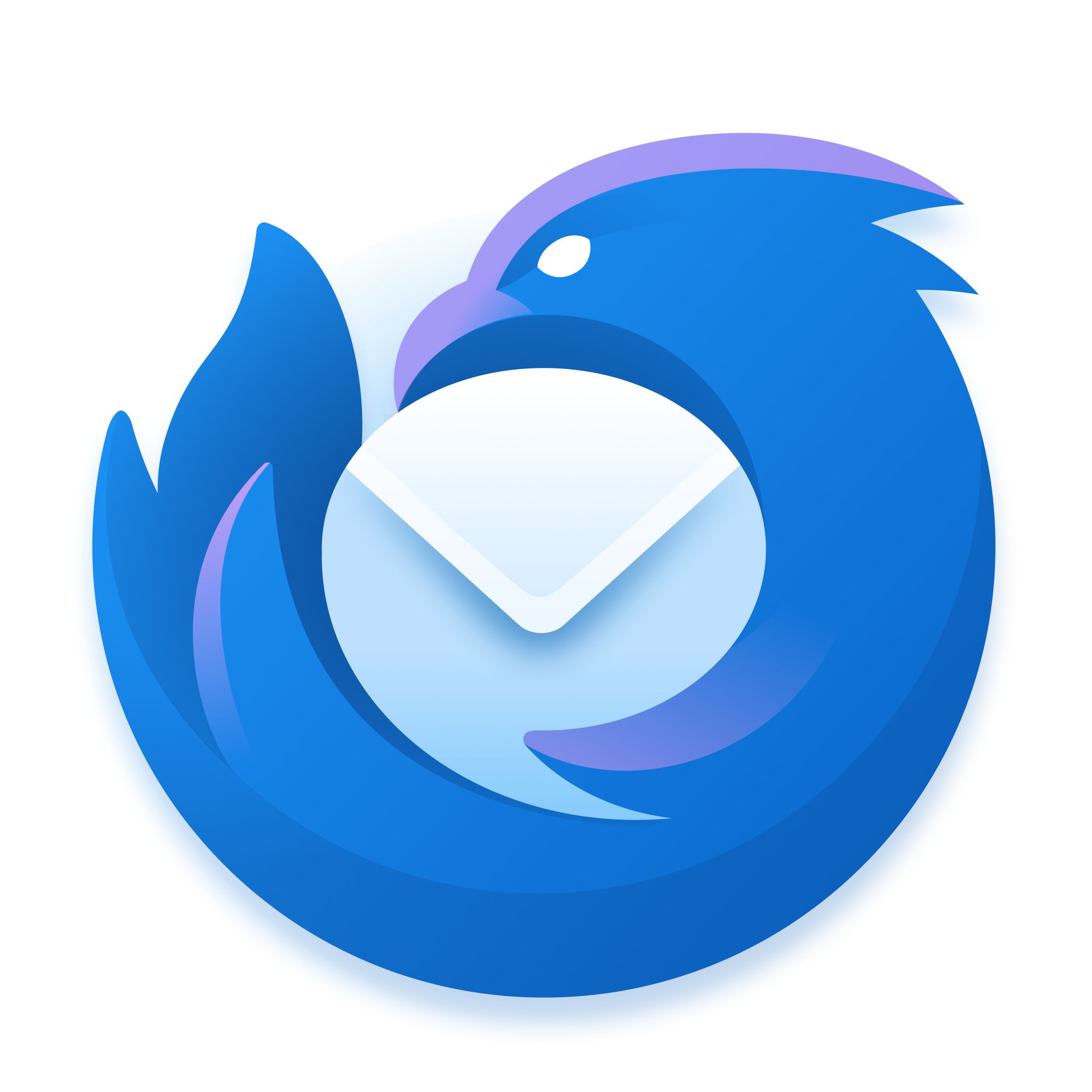 A circular app icon resembling a blue elemental bird, wrapped around and protecting a white envelope.