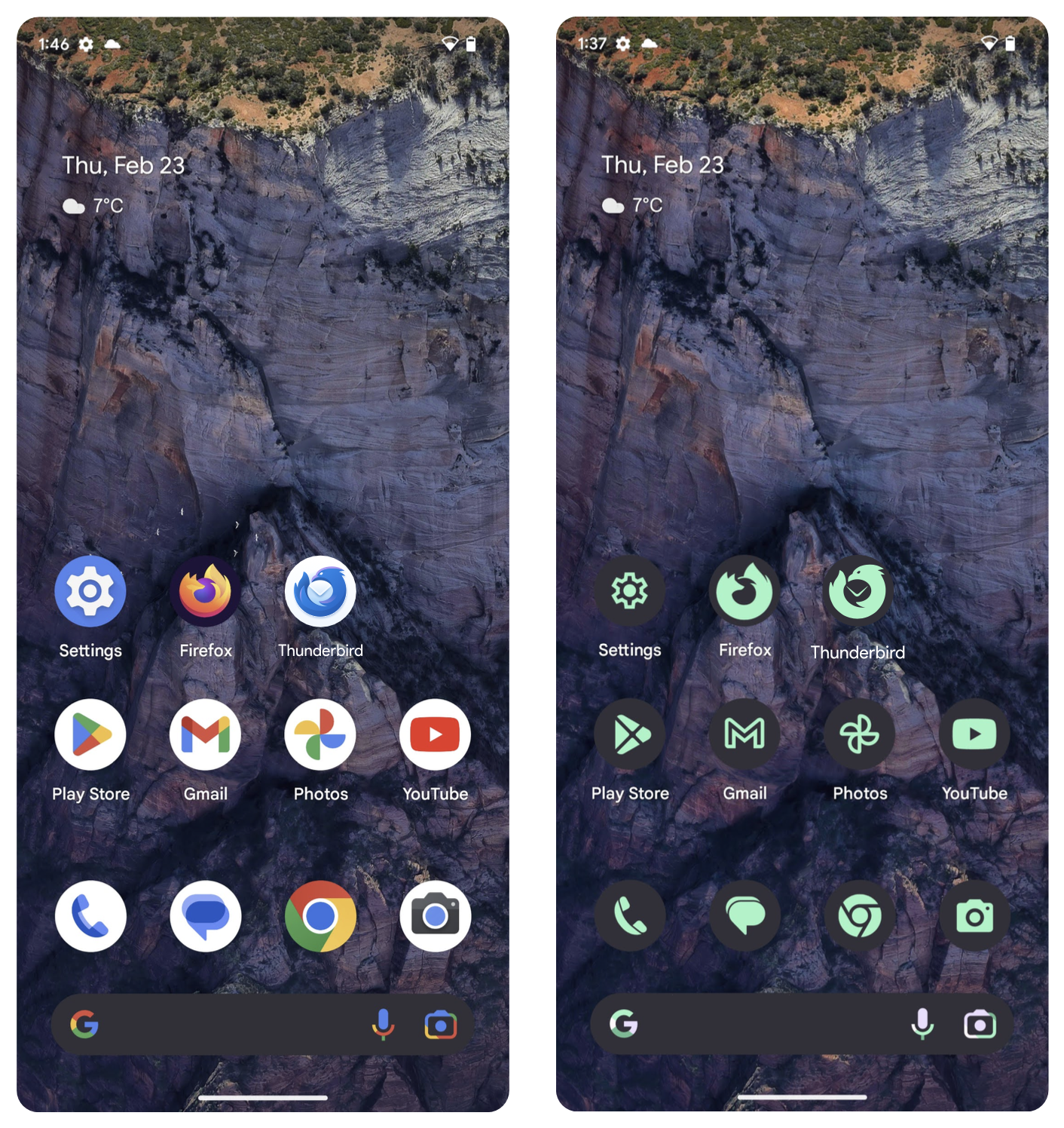 side-by-side screenshots of an Android device, highlighted by Thunderbird and Firefox logos. 