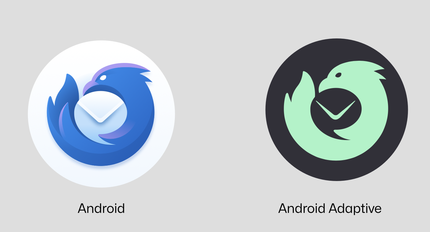 The new logo for Thunderbird, with slight variations for different operating systems, pictured here for Android. It's a circular app icon resembling a blue elemental bird, wrapped around and protecting a white envelope. 