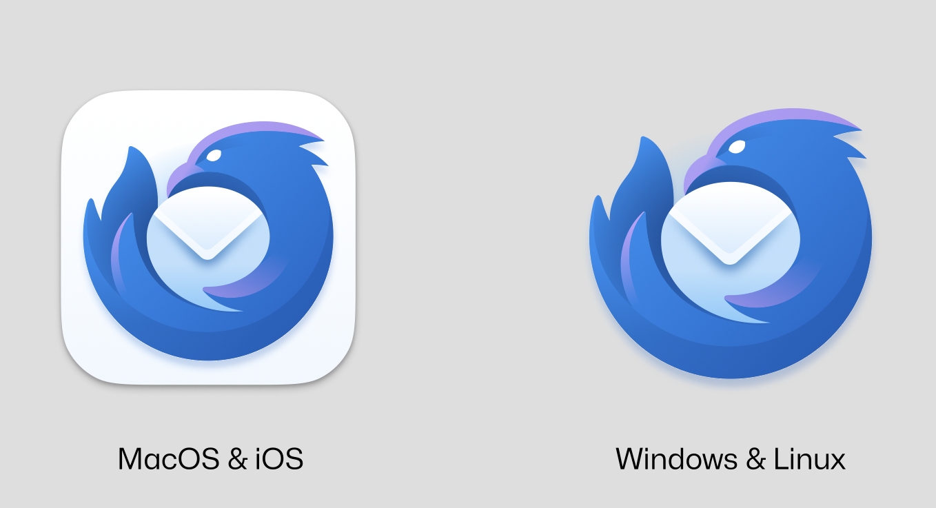 The new logo for Thunderbird, with slight variations for different operating systems. It's  circular app icon resembling a blue elemental bird, wrapped around and protecting a white envelope. 