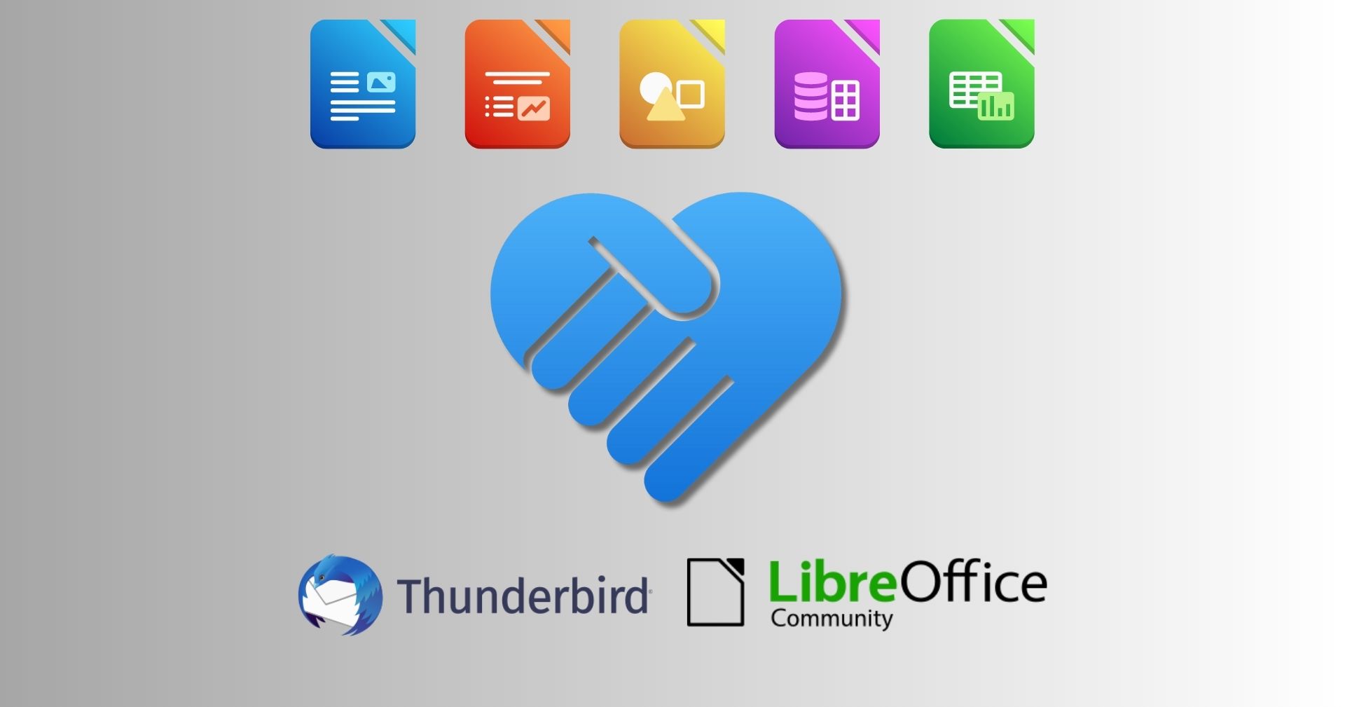 Two hands shaking and forming a blue heart, surrounded by logos for Thunderbird and LibreOffice