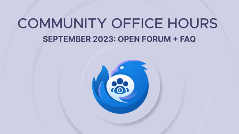 Text "COMMUNITY OFFICE HOURS SEPTEMBER 2023: OPEN FORUM and FAQ" with a stylized Thunderbird bird icon in shades of blue and a custom community icon Iin the center on a lavender background with abstract circular design elements.