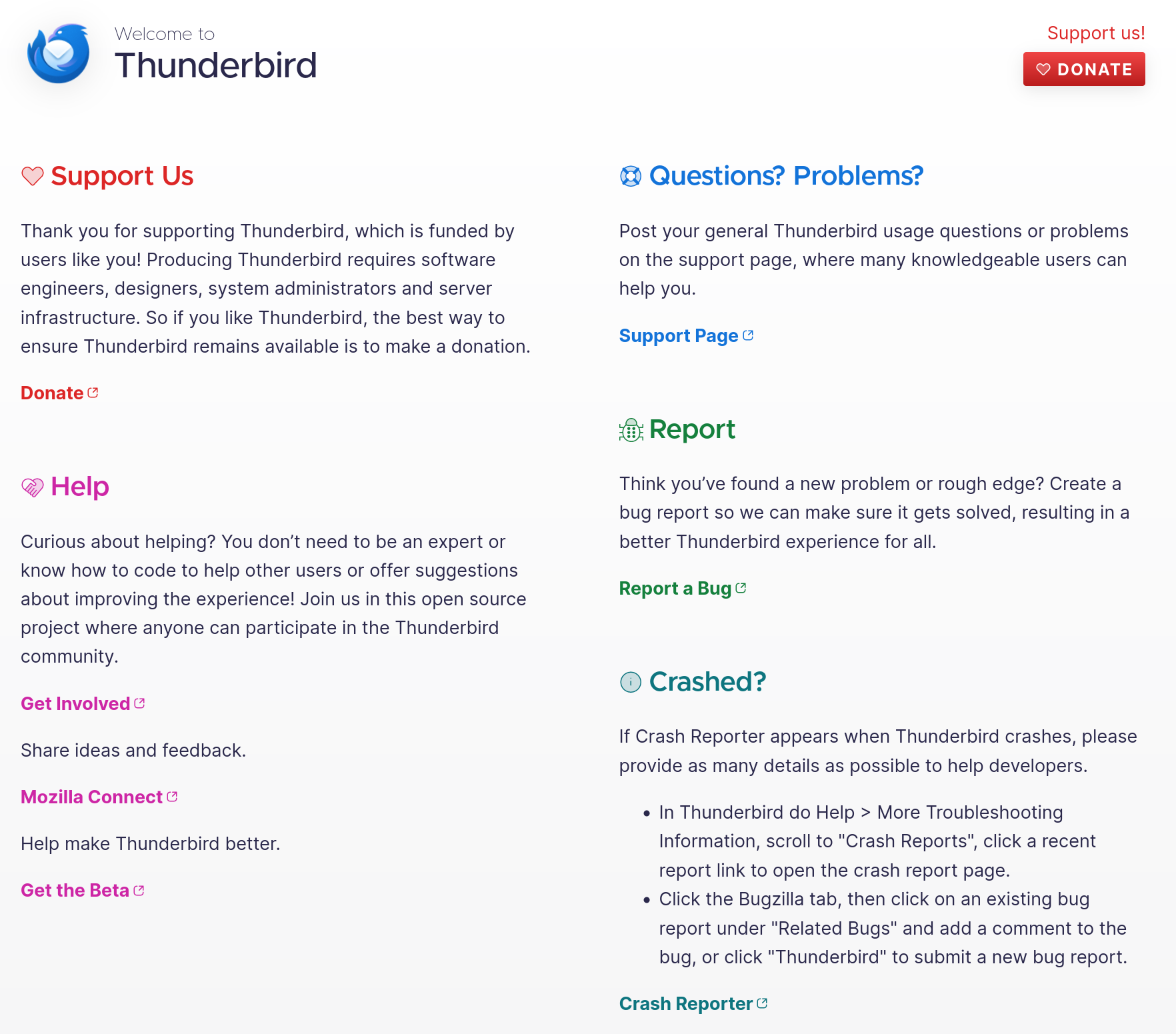 Thunderbird's current Start Page, displayed when opening the software. It shows various links to donate, get support, report bugs, and contribute
