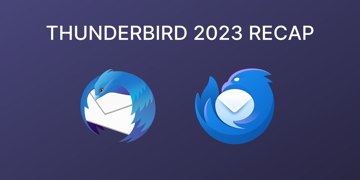 A dark background with the old and new Thunderbird logos side by side, with the text "Thunderbird 2023 Recap"